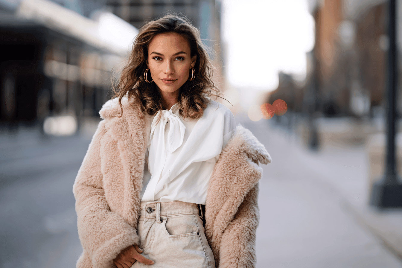 Woman wearing a white coat, white blouse, and denim mini skirt in winter.