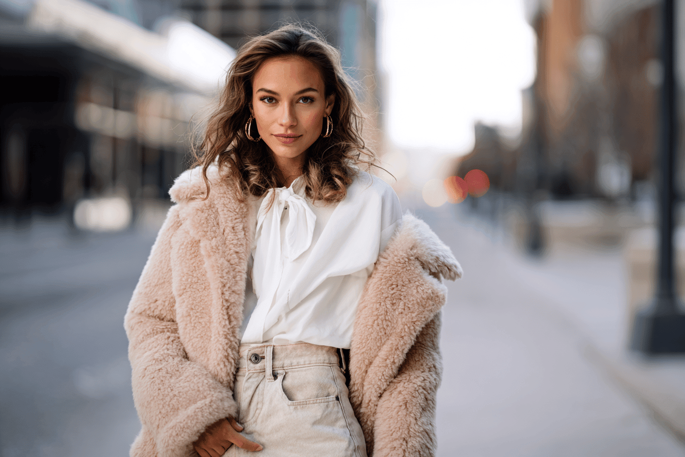 Woman wearing a white coat, white blouse, and denim mini skirt in winter.