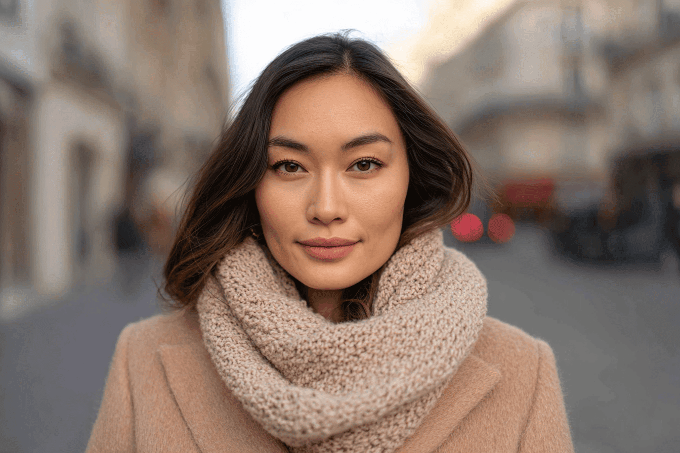 Woman in a beige winter coat and chunky scarf in a European city