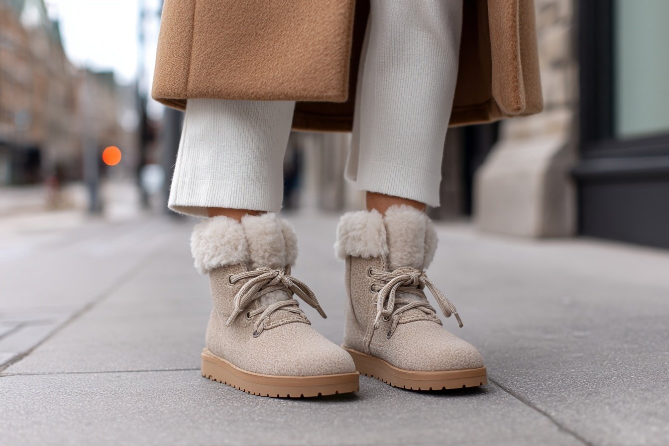 Beige Ugg Boots mit Fellbesatz, kombiniert mit weißer Hose und langem Mantel