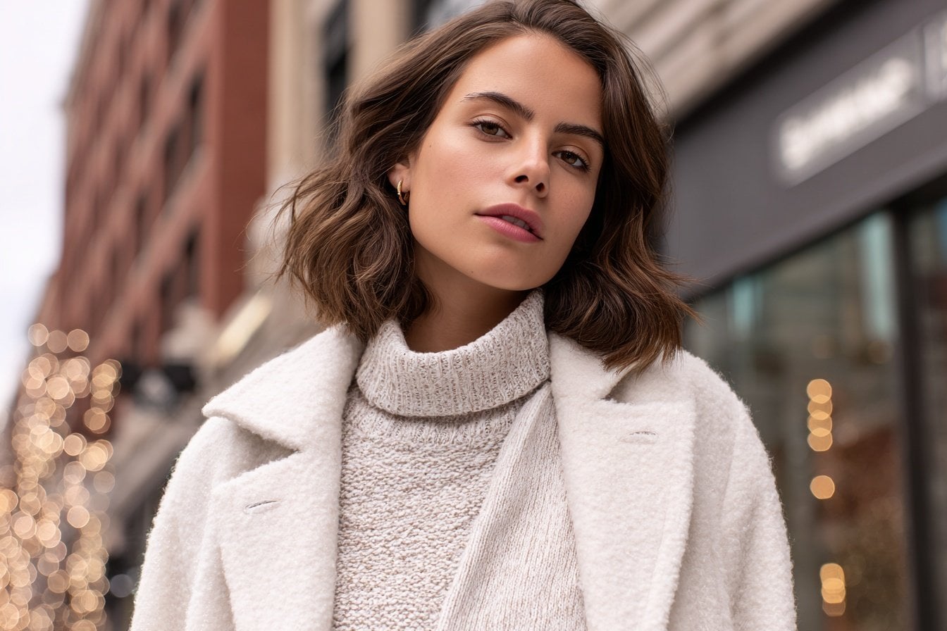 Woman in a white wool coat and knitted sweater, dressed for winter
