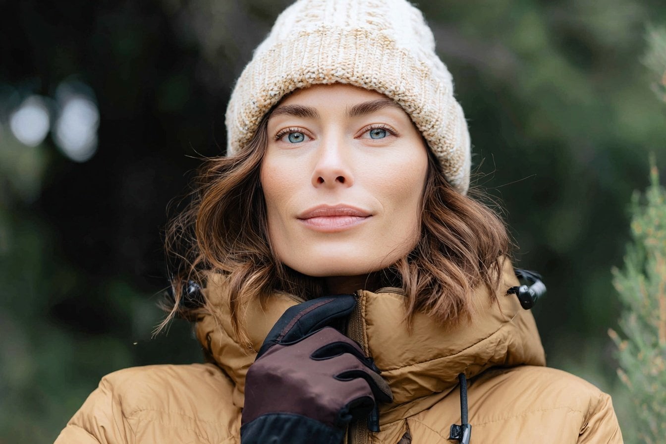 Woman wearing a beige knitted hat and a brown down jacket