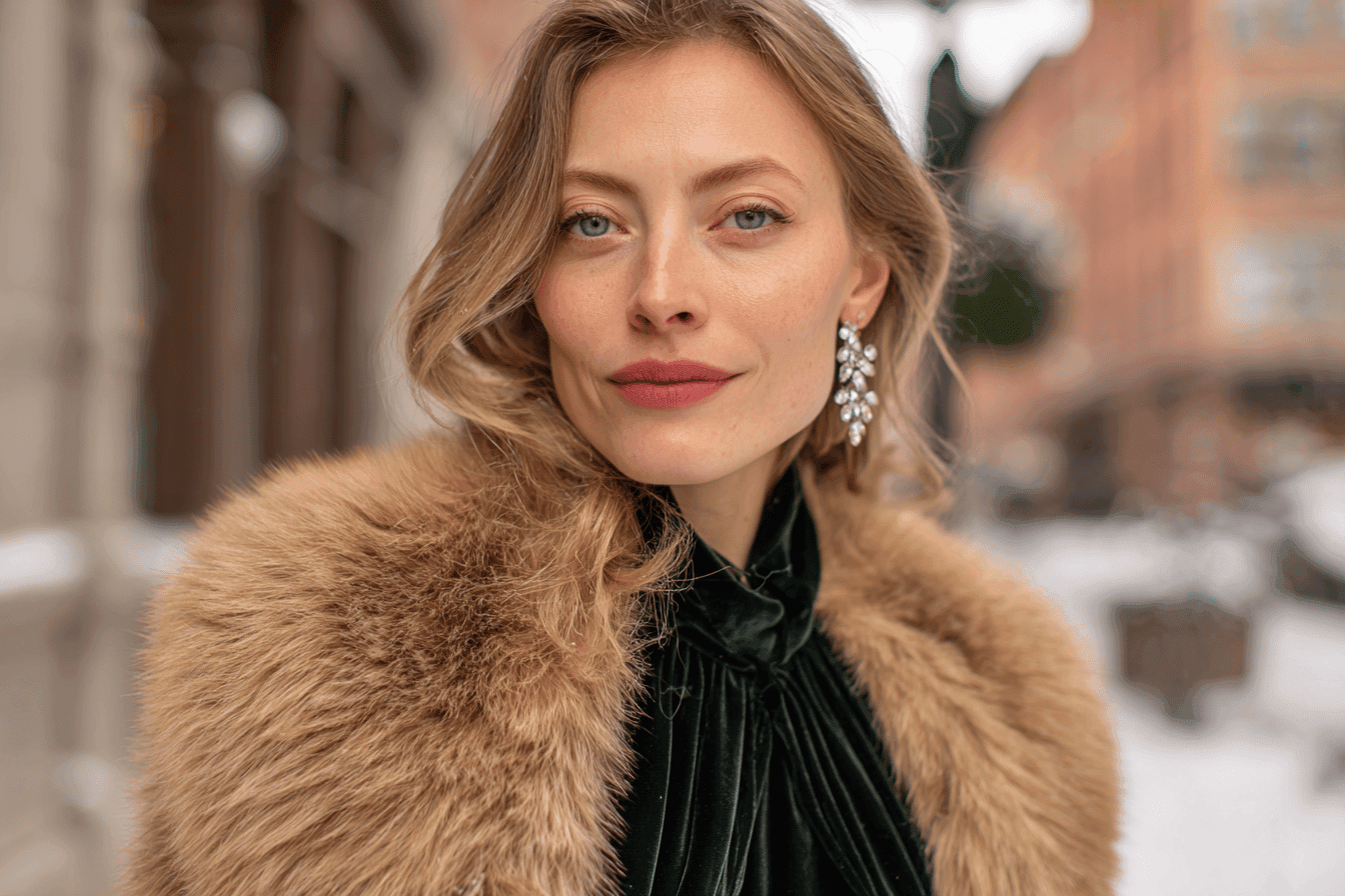 Woman in winter attire with faux fur and sparkling earrings