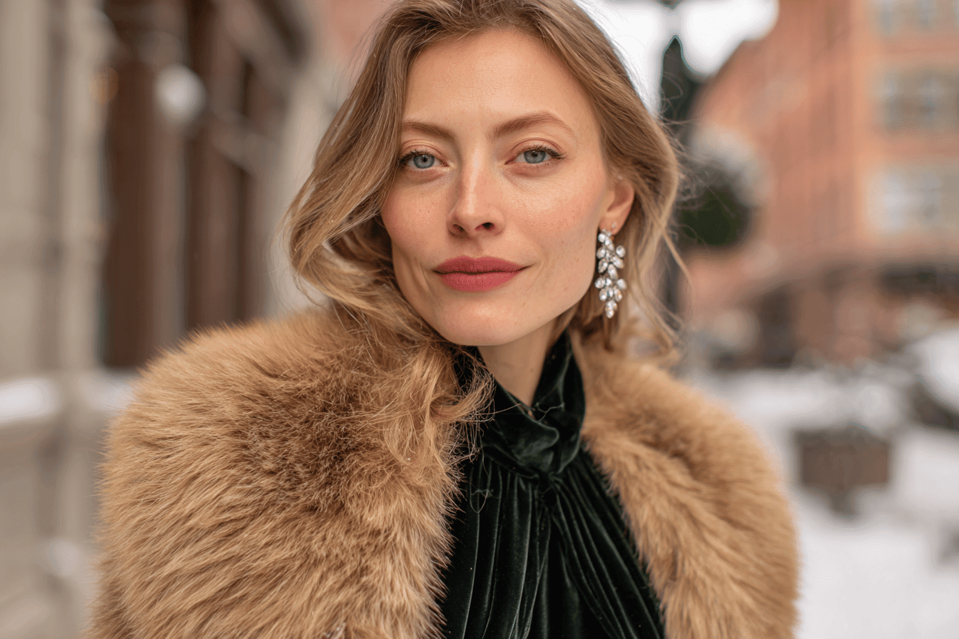 Woman in winter attire with faux fur and sparkling earrings