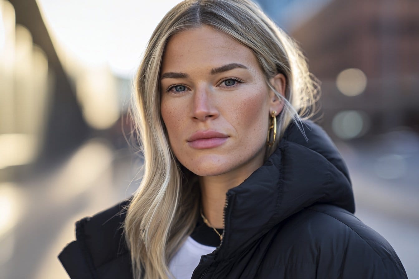 Frau im Wintermantel mit Baseball Jersey und goldenen Ohrringen